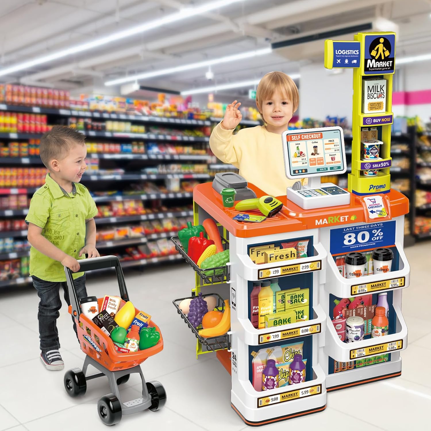 🛒 Supermarket Play Set for Kids (60 pcs) – Shop, Scan & Play! 🧃🍎